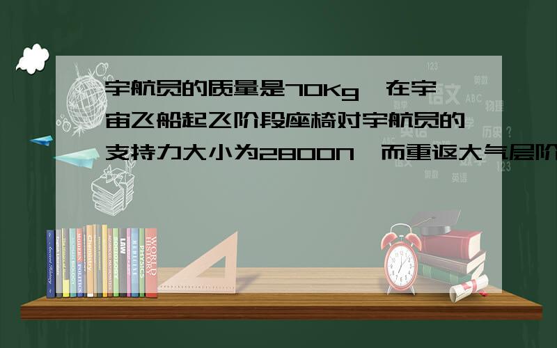 宇航员的质量是70Kg、在宇宙飞船起飞阶段座椅对宇航员的支持力大小为2800N,而重返大气层阶段飞船以大小为5m/8的二次方的加速度竖直向下减速运动,取g=10m/s2.求：飞船起飞时加速度大小?宇航