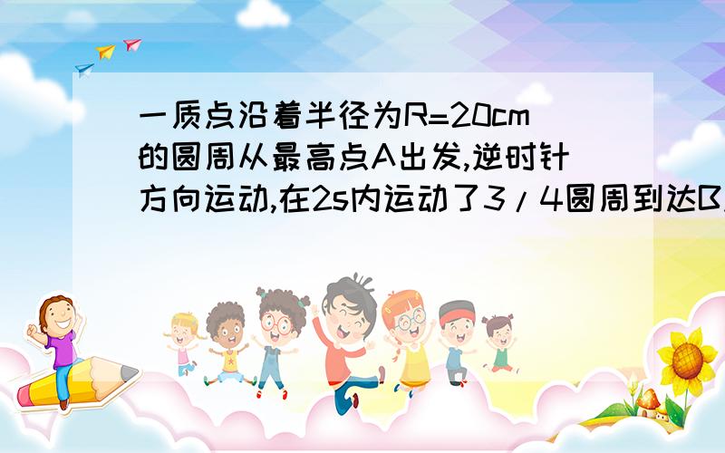 一质点沿着半径为R=20cm的圆周从最高点A出发,逆时针方向运动,在2s内运动了3/4圆周到达B点（1）质点的位移与路程（2）质点的平均速度与平均速率