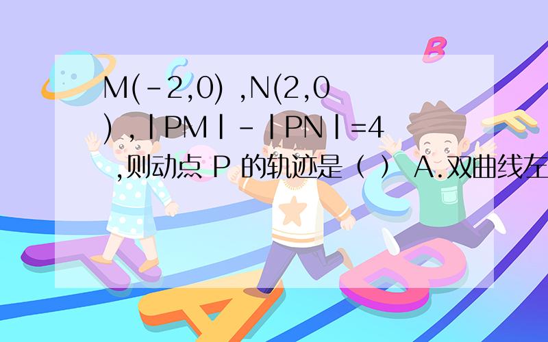 M(-2,0) ,N(2,0) ,|PM|-|PN|=4 ,则动点 P 的轨迹是（ ） A.双曲线左支 B.双曲线右M(-2,0) ,N(2,0) ,|PM|-|PN|=4 ,则动点 P 的轨迹是（ ）A.双曲线左支B.双曲线右支C.双曲线D.一条射线