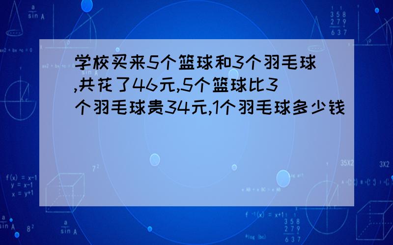 学校买来5个篮球和3个羽毛球,共花了46元,5个篮球比3个羽毛球贵34元,1个羽毛球多少钱