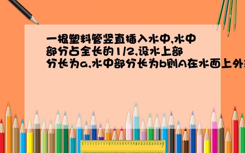 一根塑料管竖直插入水中,水中部分占全长的1/2,设水上部分长为a,水中部分长为b则A在水面上外斜上方看a大于bB在水面上外斜上方看a=bC在水中沿斜上方看a=bD在水中沿斜上方看a小于b