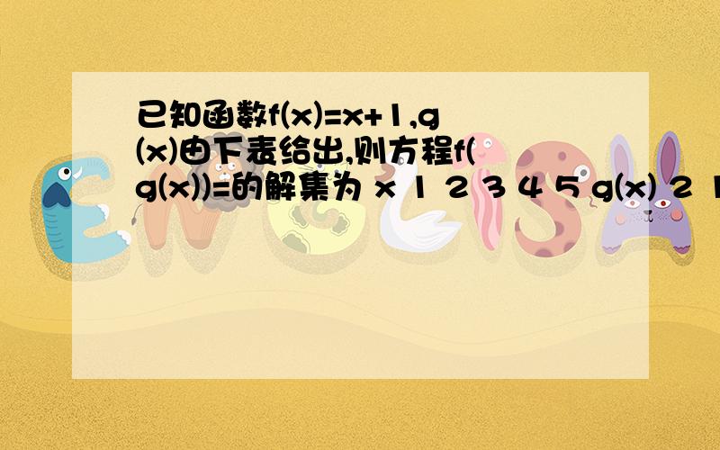 已知函数f(x)=x+1,g(x)由下表给出,则方程f(g(x))=的解集为 x 1 2 3 4 5 g(x) 2 1 4 3 5