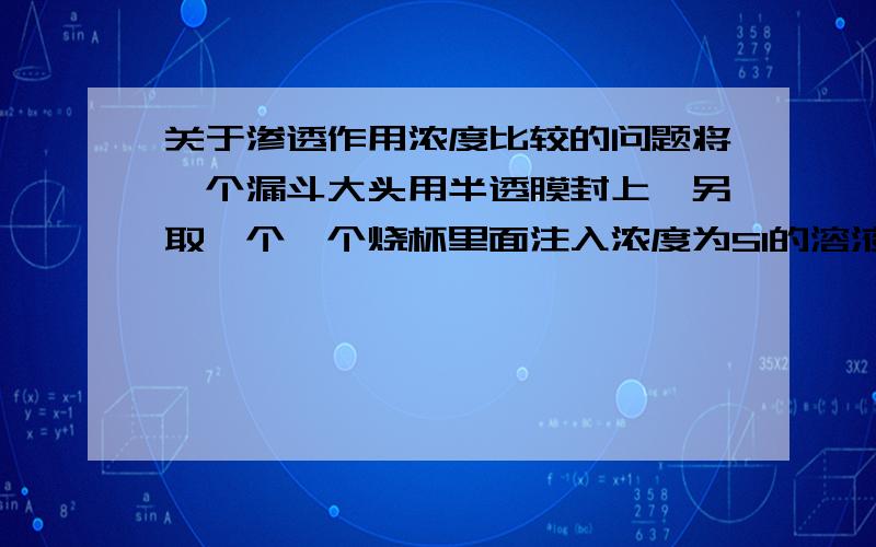 关于渗透作用浓度比较的问题将一个漏斗大头用半透膜封上,另取一个一个烧杯里面注入浓度为S1的溶液,然后向漏斗内注入浓度为S2(S2>S1)的溶液后放入烧杯中,溶液发生渗透作用 且平衡后为什