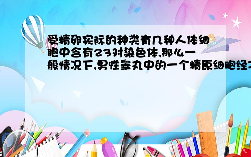 受精卵实际的种类有几种人体细胞中含有23对染色体,那么一般情况下,男性睾丸中的一个精原细胞经减数分裂后形成的精子和一个特定的卵细胞结合形成正常的受精卵,受精卵实际的种类有?A1