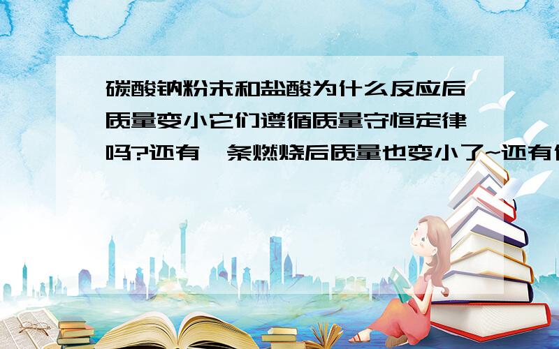 碳酸钠粉末和盐酸为什么反应后质量变小它们遵循质量守恒定律吗?还有镁条燃烧后质量也变小了~还有什么质量守恒定律比较困难的例子啊还有这一章的重点，该怎么学啊！