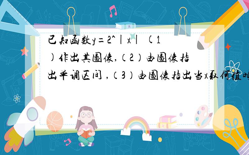 已知函数y=2^|x| (1)作出其图像,（2）由图像指出单调区间 ,（3）由图像指出当x取何值时函数有最值为多少