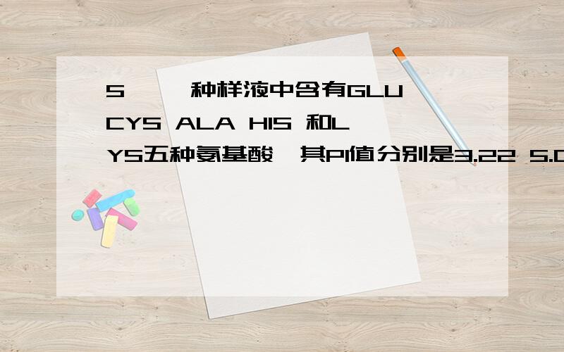 5、 一种样液中含有GLU CYS ALA HIS 和LYS五种氨基酸,其PI值分别是3.22 5.07 6.02 7.59 和9.74 .5、 一种样液中含有GLU CYS ALA HIS 和LYS五种氨基酸,其PI值分别是3.22 5.07 6.02 7.59 和9.74 .在PH6.02的缓冲系统中用