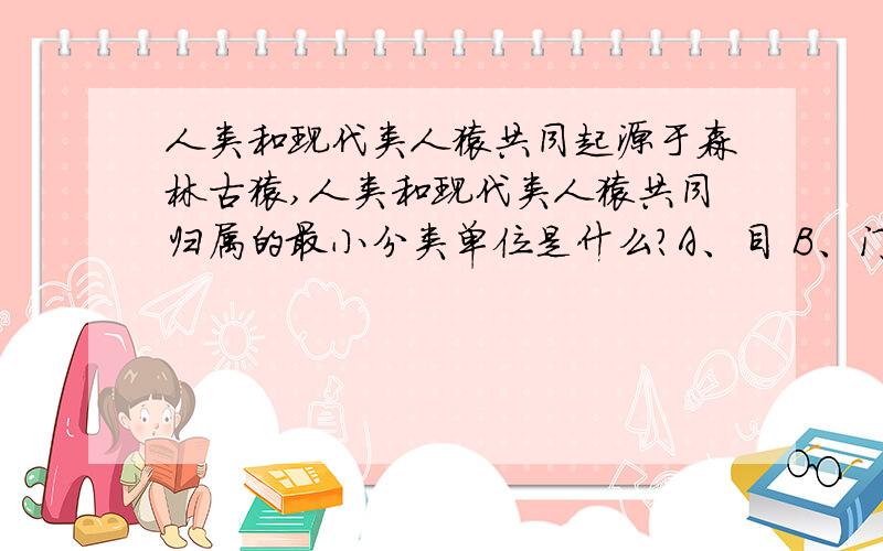 人类和现代类人猿共同起源于森林古猿,人类和现代类人猿共同归属的最小分类单位是什么?A、目 B、门 C、纲 D、种