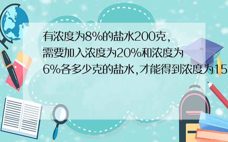 有浓度为8％的盐水200克,需要加入浓度为20％和浓度为6％各多少克的盐水,才能得到浓度为15％的盐水1000克?我做是做啦,不能整除啊?就是不自信,才问的,呵呵