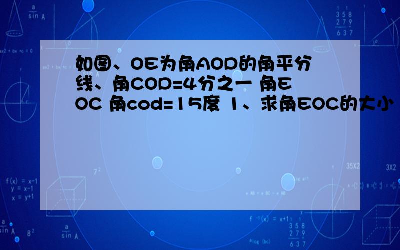 如图、OE为角AOD的角平分线、角COD=4分之一 角EOC 角cod=15度 1、求角EOC的大小 2、求角AOD的大小.请使用初一年级的几何语言其中角AOD是90度