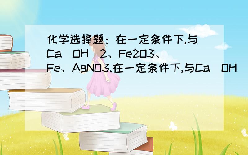 化学选择题：在一定条件下,与Ca(OH)2、Fe2O3、Fe、AgNO3.在一定条件下,与Ca(OH)2、Fe2O3、Fe、AgNO3四中物质都能反应的物质是(   )A.CuSO4    B.盐酸    C.Na2CO3    D.HNO3请尽量给出分析.