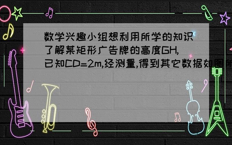 数学兴趣小组想利用所学的知识了解某矩形广告牌的高度GH,已知CD=2m,经测量,得到其它数据如图所示．其中∠CAH=30°,∠DBH=60°,AB=10m．请你根据以上数据计算GH的长,结果精确到0.1m