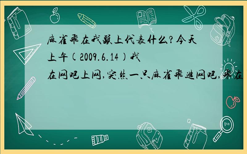 麻雀飞在我头上代表什么?今天上午(2009.6.14)我在网吧上网,突然一只麻雀飞进网吧,飞在了我头上,我用手抓住了它,网吧老板(女)叫我给她看,我就放在她手里给她看,在她手里一不小心飞走了,这