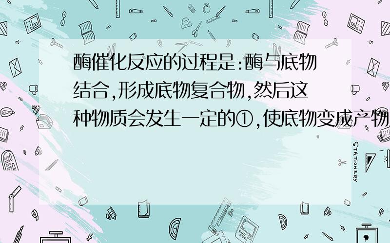 酶催化反应的过程是:酶与底物结合,形成底物复合物,然后这种物质会发生一定的①,使底物变成产物从复合物上使底物变成产物从复合物上脱落,同时酶分子又②