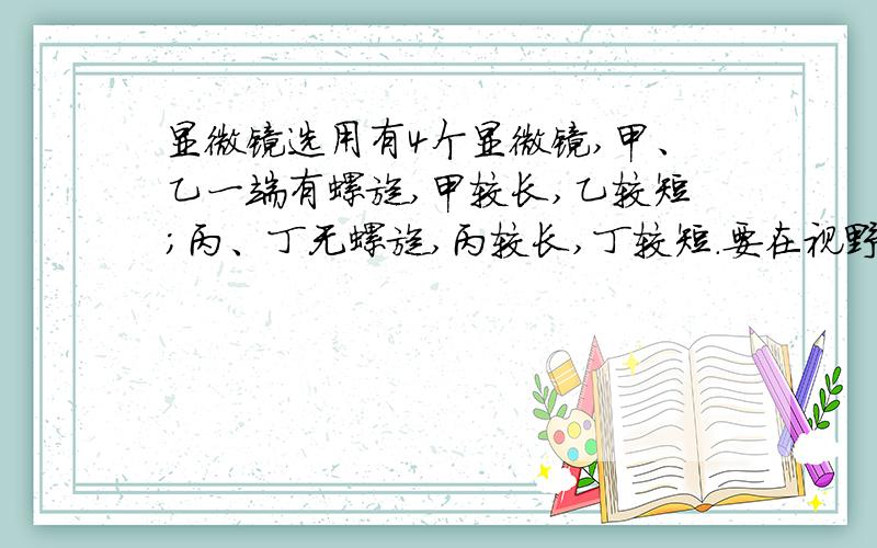 显微镜选用有4个显微镜,甲、乙一端有螺旋,甲较长,乙较短；丙、丁无螺旋,丙较长,丁较短.要在视野中看到较多细胞,宜选用...