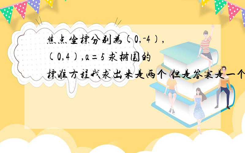 焦点坐标分别为(0,-4),(0,4),a=5 求椭圆的标准方程我求出来是两个 但是答案是一个