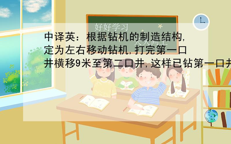 中译英：根据钻机的制造结构,定为左右移动钻机,打完第一口井横移9米至第二口井,这样已钻第一口井就落在根据钻机的制造结构,定为左右移动钻机,打完第一口井横移9米至第二口井,这样已