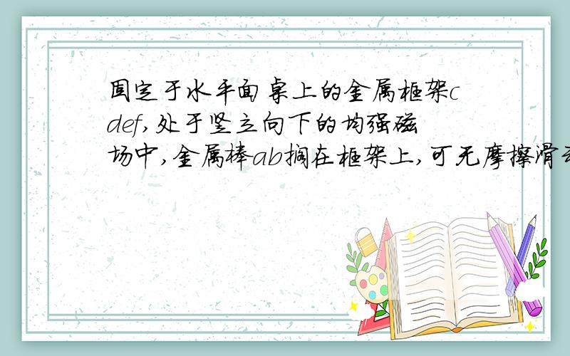 固定于水平面桌上的金属框架cdef,处于竖立向下的均强磁场中,金属棒ab搁在框架上,可无摩擦滑动,此时abcd构成一个边长为l的正方形.棒的电阻为R,其余部分电阻不计,开始时磁感应强度为B',若从