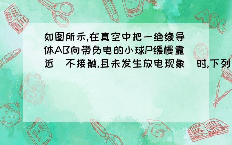 如图所示,在真空中把一绝缘导体AB向带负电的小球P缓慢靠近（不接触,且未发生放电现象）时,下列说法正确的事（    ）A  B段感应电荷越来越多B  导体内部场强越来越大C  导体的感应电荷在M