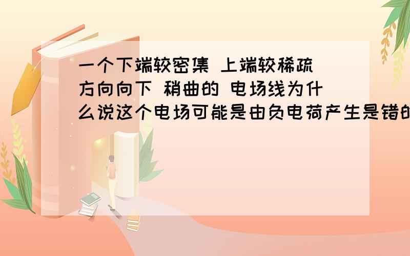 一个下端较密集 上端较稀疏 方向向下 稍曲的 电场线为什么说这个电场可能是由负电荷产生是错的?下端密集不说明靠近电荷?方向向下 也就指向电荷 不说明为负电荷?书上说 负电荷的电场线