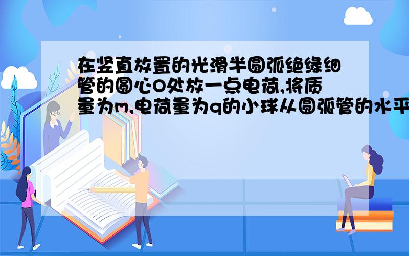 在竖直放置的光滑半圆弧绝缘细管的圆心O处放一点电荷,将质量为m,电荷量为q的小球从圆弧管的水平直径端点A由静止释放,小球沿细管滑到最低点B时,对管壁恰好无压力,则放于圆心处的点电荷