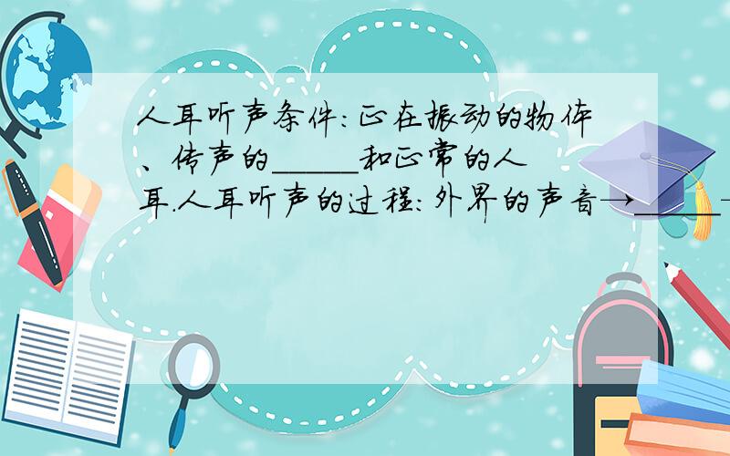 人耳听声条件：正在振动的物体、传声的_____和正常的人耳.人耳听声的过程：外界的声音→_____→听小骨及其他组织→_____→大脑.声音传播的两种途径：空气传导和_____传导（外界的声音→___