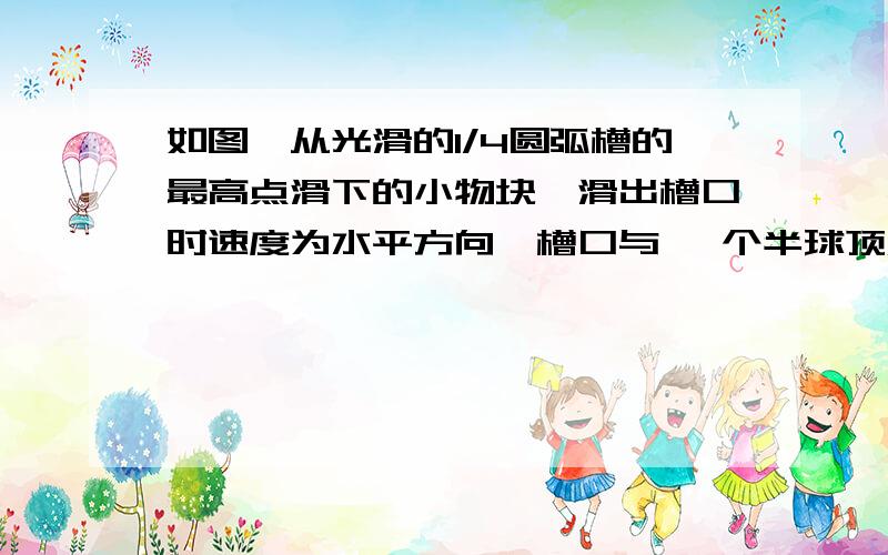 如图,从光滑的1/4圆弧槽的最高点滑下的小物块,滑出槽口时速度为水平方向,槽口与 一个半球顶点相切,半球底面为水平,若要使小物块滑出槽口后不沿半球面下滑,已知圆弧轨道的半径为R1,半球