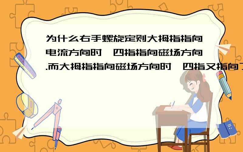 为什么右手螺旋定则大拇指指向电流方向时,四指指向磁场方向.而大拇指指向磁场方向时,四指又指向了电流