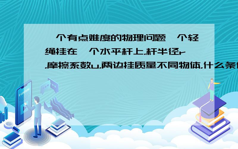 一个有点难度的物理问题一个轻绳挂在一个水平杆上，杆半径r，摩擦系数u，两边挂质量不同物体，什么条件下会滑动？