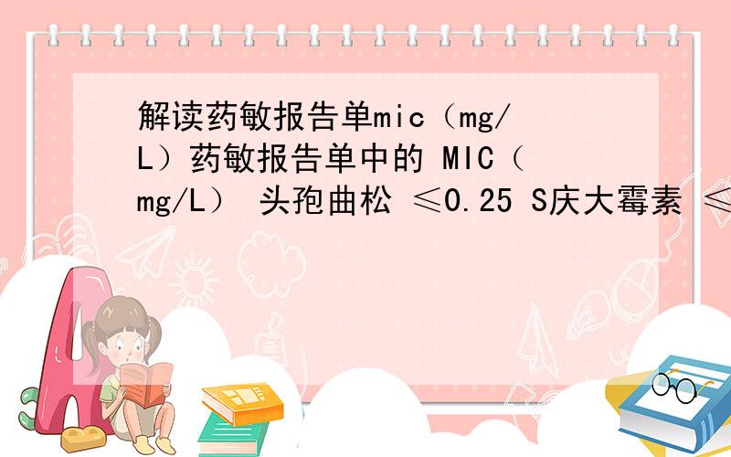 解读药敏报告单mic（mg/L）药敏报告单中的 MIC（mg/L） 头孢曲松 ≤0.25 S庆大霉素 ≤250 S复方新诺明 ≥8/125 R大于等于 小于等于各数值代表什么意思?