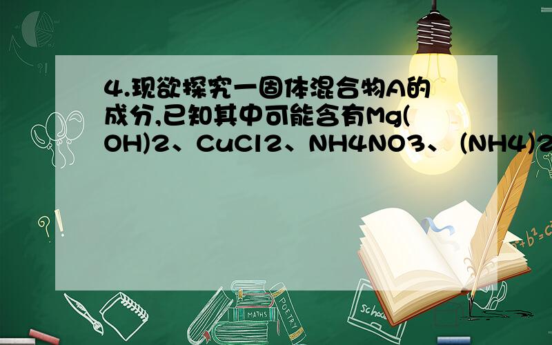 4.现欲探究一固体混合物A的成分,已知其中可能含有Mg(OH)2、CuCl2、NH4NO3、 (NH4)2SO4、 CuO五种物质中的两种或多种.按图所示进行实验,出现的现象如图所示（设过程中所有可能发生的反应均恰好