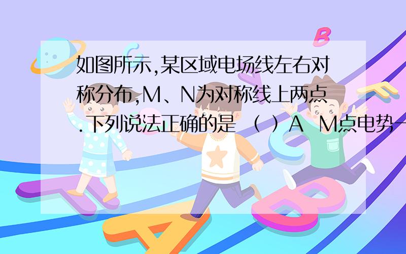 如图所示,某区域电场线左右对称分布,M、N为对称线上两点.下列说法正确的是 （ ）A  M点电势一定高于N点电势 B  M点场强一定大于N点场强C  正电荷在M点的电势能大于在N点的电势能D  将电子