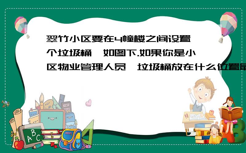 翠竹小区要在4幢楼之间设置一个垃圾桶,如图下.如果你是小区物业管理人员,垃圾桶放在什么位置最合理,请你画一画,并说明理由.