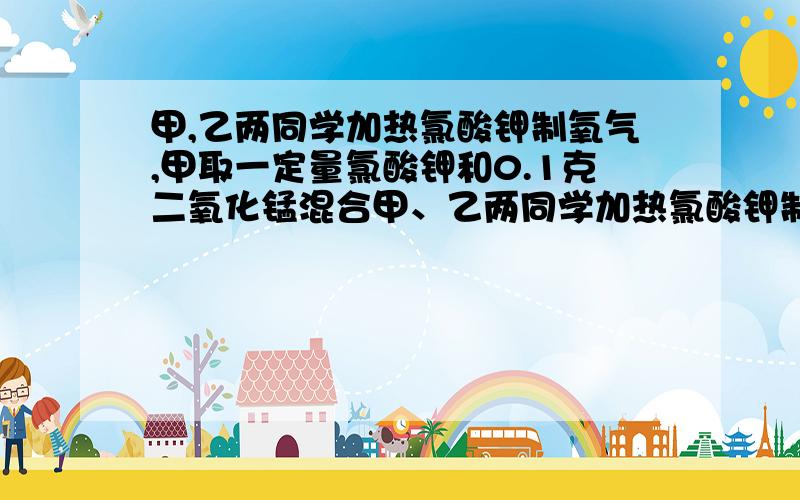 甲,乙两同学加热氯酸钾制氧气,甲取一定量氯酸钾和0.1克二氧化锰混合甲、乙两同学加热氯酸钾制氧气,甲取一定量氯酸钾和0.1克二氧化锰混合加热,待收集到所需氧气时,停止加热.试管冷却后,