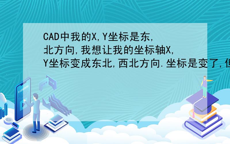 CAD中我的X,Y坐标是东,北方向,我想让我的坐标轴X,Y坐标变成东北,西北方向.坐标是变了,但图形我还是想要放正的.也就是说我的图形坐标是在正确的位置上,可以直接测量坐标.