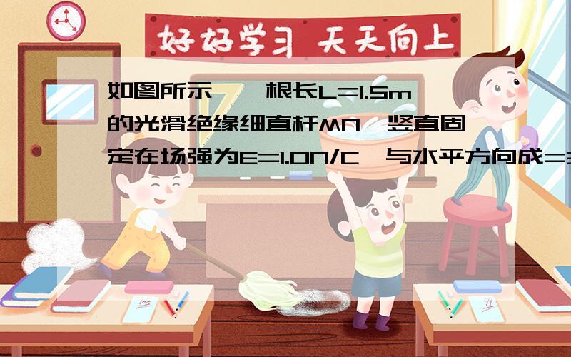 如图所示,一根长L=1.5m的光滑绝缘细直杆MN,竖直固定在场强为E=1.0N/C、与水平方向成=30°角的倾斜向上的匀强电场中.杆的下端M固定一个带电小球A,电荷量Q=＋4.5C；另一带电小球B穿在杆上可自由