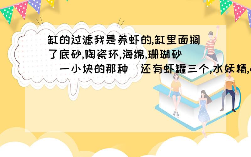 缸的过滤我是养虾的,缸里面搁了底砂,陶瓷环,海绵,珊瑚砂（一小块的那种）还有虾罐三个,水妖精,45的缸.搁了硝化细菌,培养没培养起来就不知道了,里面一条清道夫,三条清苔鼠,还有几条喂龟