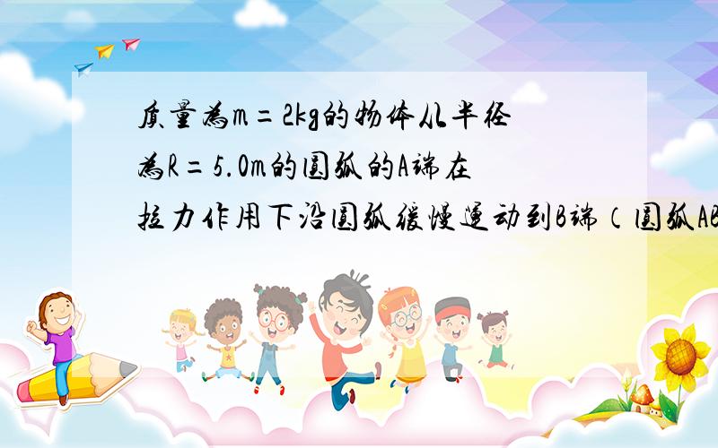 质量为m=2kg的物体从半径为R=5.0m的圆弧的A端在拉力作用下沿圆弧缓慢运动到B端（圆弧AB在竖直平面内）拉力F大小不变始终为15n,方向始终与物体在该点的切线成37 圆弧的对应的圆心角为60 BO边