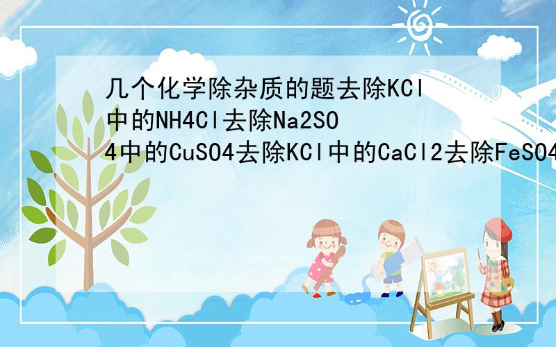 几个化学除杂质的题去除KCl中的NH4Cl去除Na2SO4中的CuSO4去除KCl中的CaCl2去除FeSO4中的Cu(SO4)去除NaCl中的Cu(SO4)去除CaCO3中的NaCl