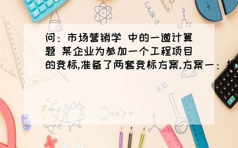 问：市场营销学 中的一道计算题 某企业为参加一个工程项目的竞标,准备了两套竞标方案.方案一：报价为125万元,直接成本120万元,中标率估计为95%,失标损失为5万元；方案二：报价为140万元,