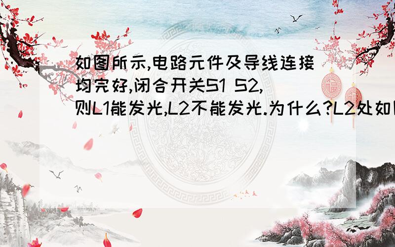 如图所示,电路元件及导线连接均完好,闭合开关S1 S2,则L1能发光,L2不能发光.为什么?L2处如图所示,电路元件及导线连接均完好,闭合开关S1 S2,则L1能发光,L2不能发光.为什么?L2处无电流通过吗?