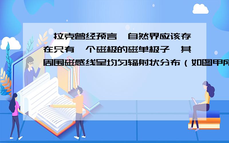 狄拉克曾经预言,自然界应该存在只有一个磁极的磁单极子,其周围磁感线呈均匀辐射状分布（如图甲所示）,距离它r处的磁感应强度大小为（k为常数）,其磁场分布与负点电荷Q的电场（如图乙