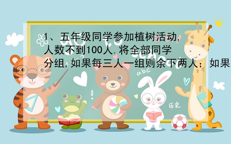 1、五年级同学参加植树活动,人数不到100人.将全部同学分组,如果每三人一组则余下两人；如果每组四人,则余下三人；如果每组五人,则余下四人.五年级有多少名同学参加植树活动?2、客车和