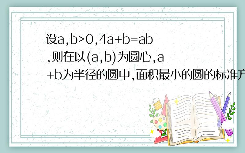 设a,b>0,4a+b=ab,则在以(a,b)为圆心,a+b为半径的圆中,面积最小的圆的标准方程是?