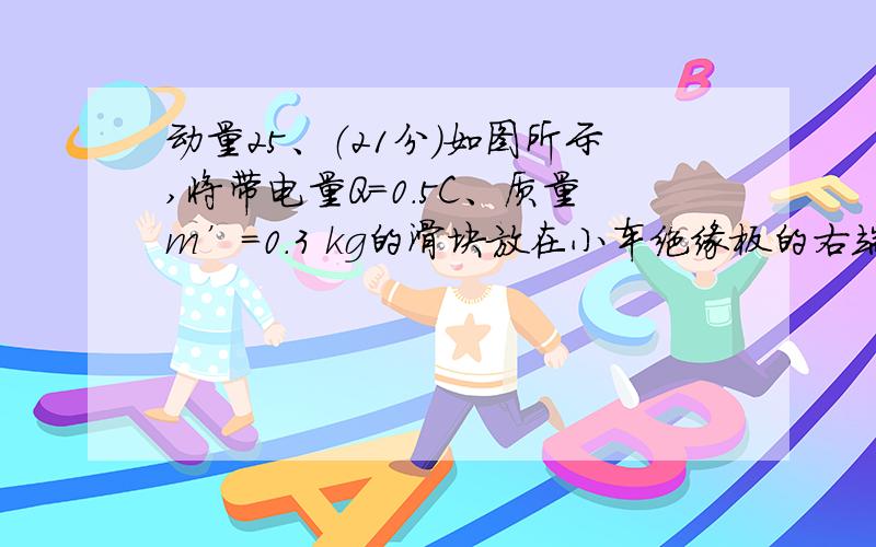 动量25、（21分）如图所示,将带电量Q=0.5C、质量m’=0.3 kg的滑块放在小车绝缘板的右端,其中夹杂着自己写的红色字迹,红色的问号是不明白的地方,希望得到着重解答!此时对滑块,洛仑兹力f（静