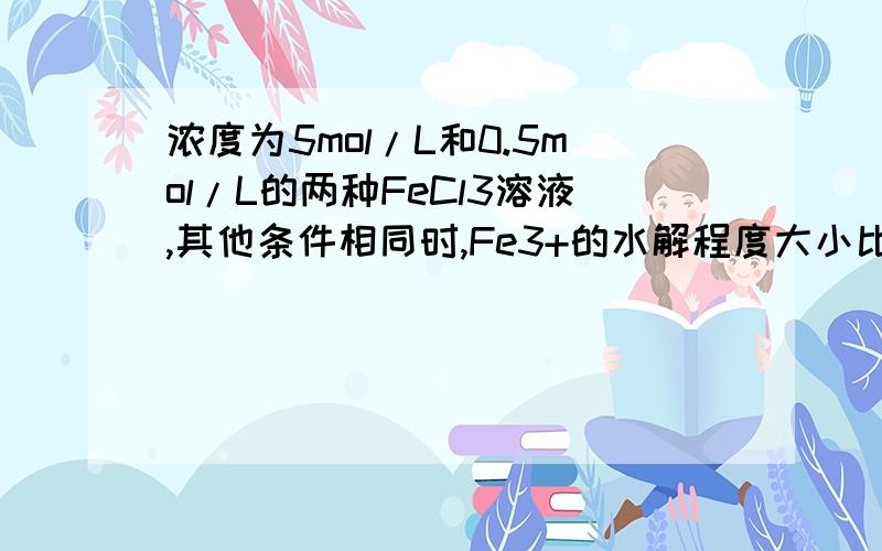 浓度为5mol/L和0.5mol/L的两种FeCl3溶液,其他条件相同时,Fe3+的水解程度大小比较,答案说前者小,不是浓度越大水解程度越大么?为什么还前者小呢,请高人给出详细明了的过程,给加分