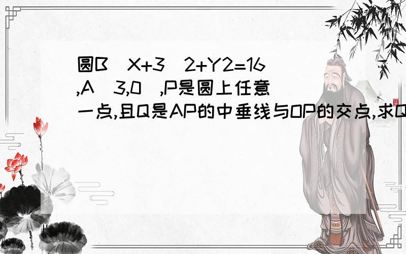 圆B（X+3）2+Y2=16,A(3,0),P是圆上任意一点,且Q是AP的中垂线与OP的交点,求Q的轨迹方程各位大婶大叔.