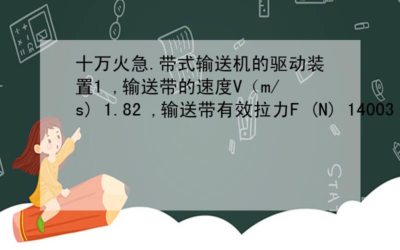 十万火急.带式输送机的驱动装置1 ,输送带的速度V（m/s) 1.82 ,输送带有效拉力F (N) 14003 ,滚筒直径 D （mm） 3504 ,输送带速允许偏差 5% 左右5 ,运送物料 沙子6 ,每天工作班数 2注：采用斜齿轮传动