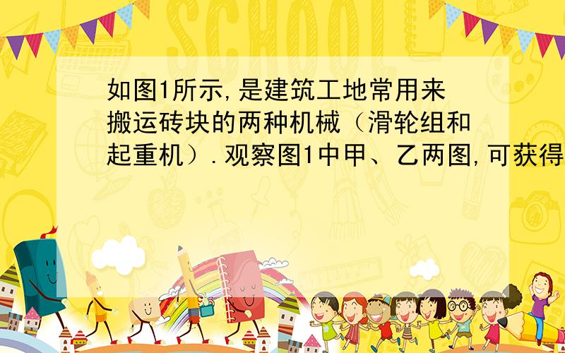 如图1所示,是建筑工地常用来搬运砖块的两种机械（滑轮组和起重机）.观察图1中甲、乙两图,可获得的信息有____________________,观察图1中丙图和_____图可得出：在相等的时间内,起重机比滑轮组