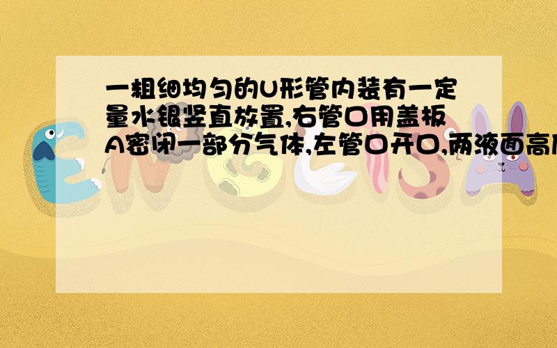 一粗细均匀的U形管内装有一定量水银竖直放置,右管口用盖板A密闭一部分气体,左管口开口,两液面高度差为h,U形管中水银柱总长为4h.现拿去盖板,水银柱开始流动,当两侧液面第一次相平时,右